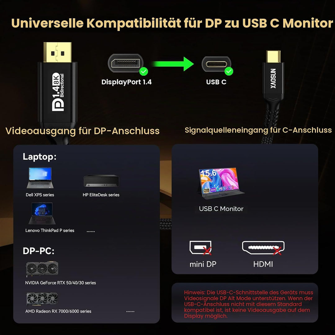 XAOSUN 32.4Gbps USB C auf DisplayPort Kabel-2M,8K@60Hz Bidirektionaler DisplayPort 1.4 auf USBC [4K@