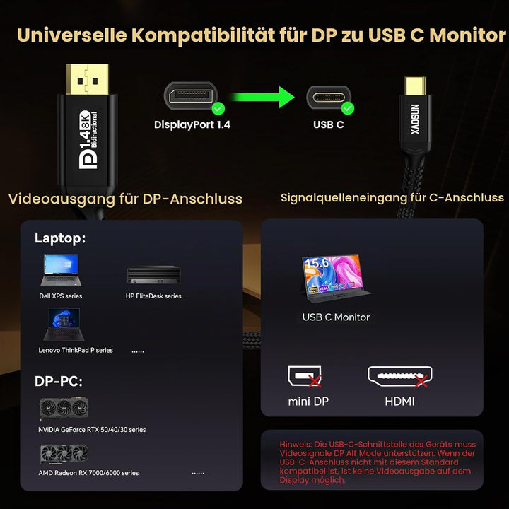 XAOSUN 32.4Gbps USB C auf DisplayPort Kabel-2M,8K@60Hz Bidirektionaler DisplayPort 1.4 auf USBC [4K@
