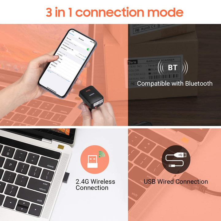 Tera Pro Series Mini CMOS Ring Barcode Scanner 1D 2D QR Barcode Scanner Wireless Bluetooth &amp; Wireles