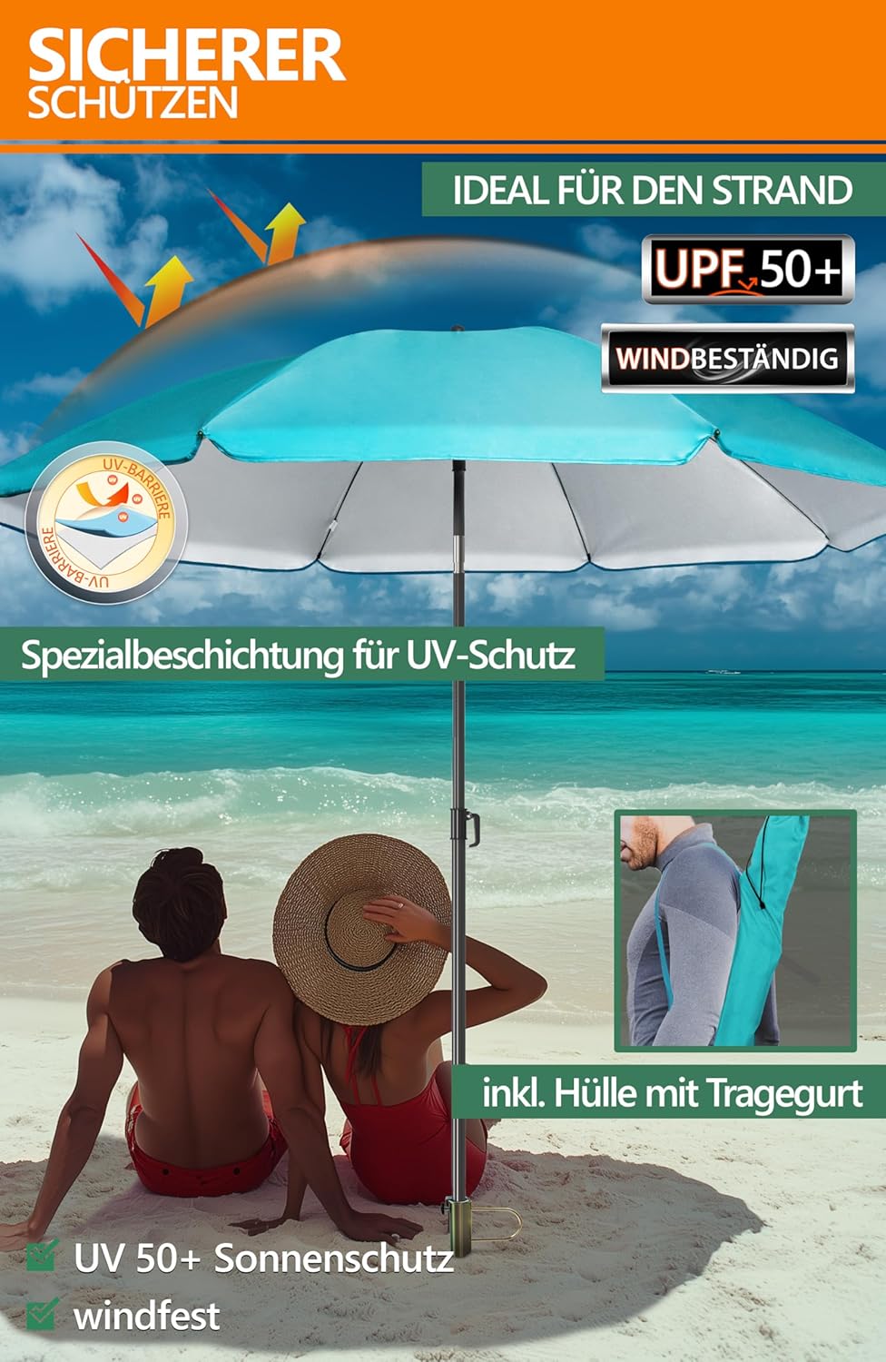 4smile SunnyJoy 3-IN-1 Set mit Sonnenschirm Strand in Türkis - Strandschirm windfest stabil 200 cm m