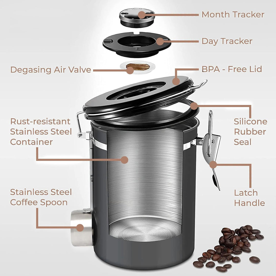ZONJIE Kaffeedose luftdicht - 2,8L Edelstahl Kaffeebohnenbehälter 1kg Vakuum Kaffeebohnen Vorratsdos