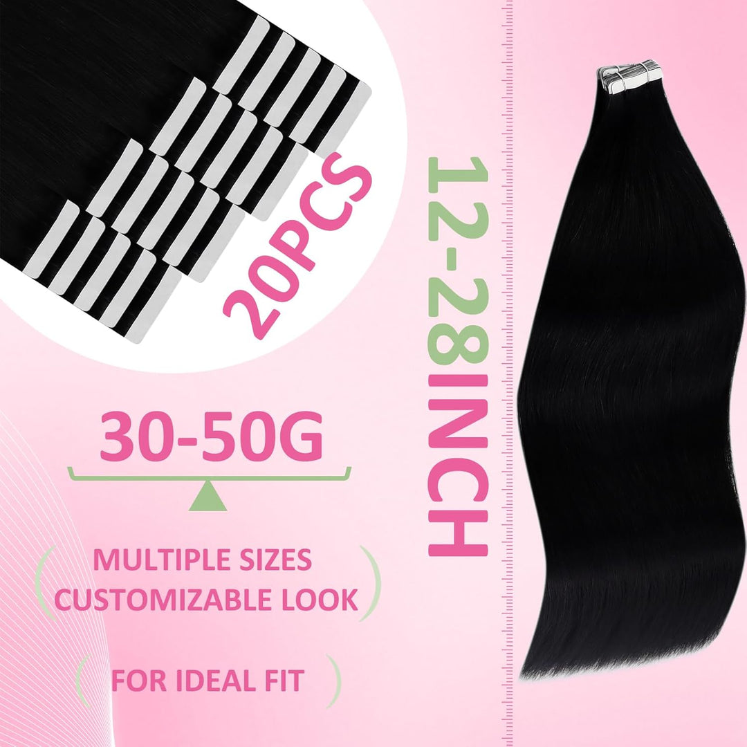 YoungSee Echthaar Extensions Tape Schwarz 50 cm Tape Extensions Echthaar Schwarz Skin Weft Extension