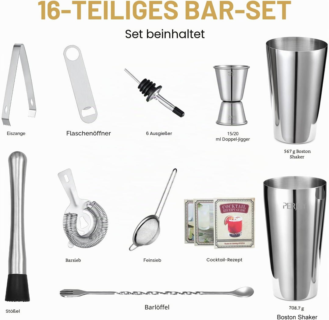 16pcs Cocktail Shaker, Coktailmixset, Cocktail Set Mit Einem Doppelten Jigger, Einer Eiszange, Cockt