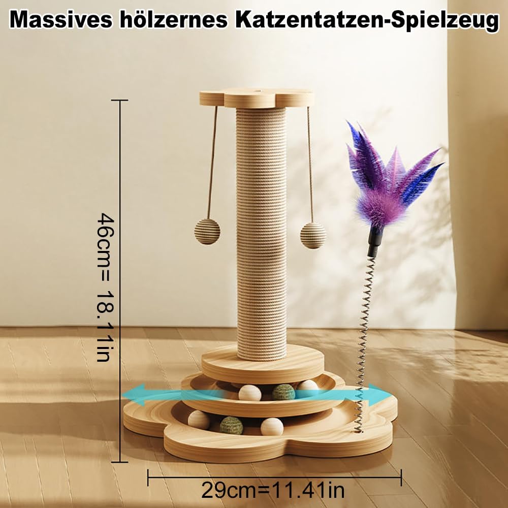 4 in 1 Katzenspielzeug hölzernes, Katze Sisal Seil Kratzbaum mit hängenden Ball, Interaktives Katzen