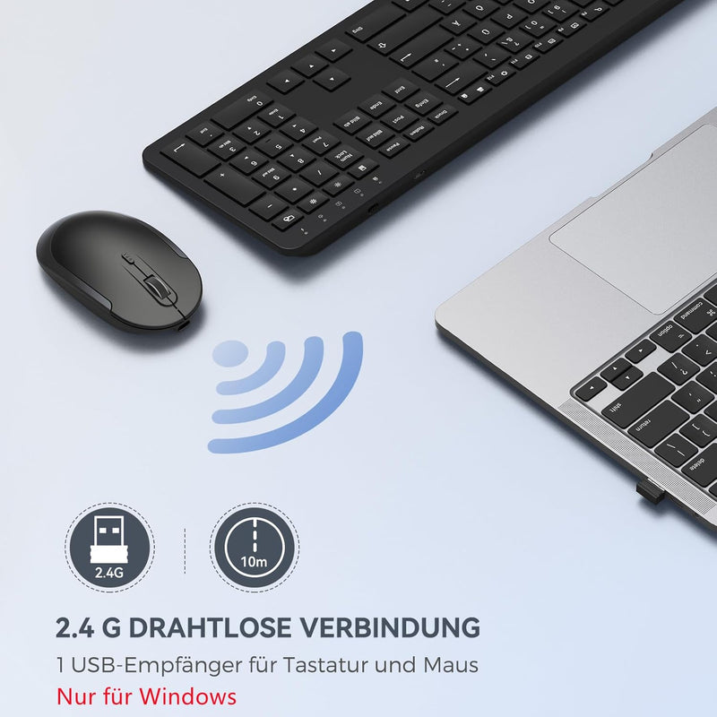 Tastatur Maus Set Kabellos, seenda Ultra-Dünne Wiederaufladbare Funk Tastatur Maus Set, Ergonomische