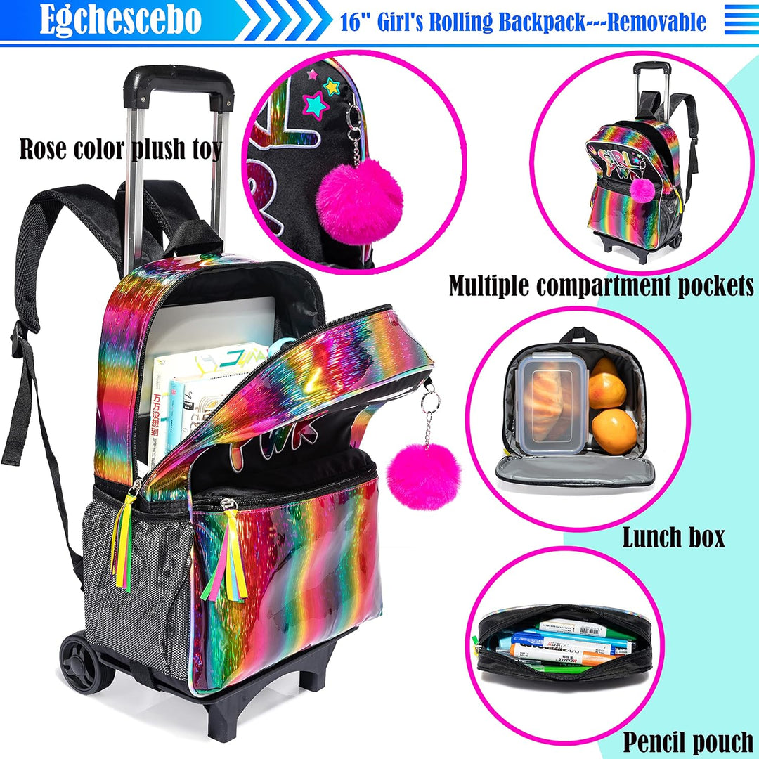 Egchescebo kids Rolling Kid Travel Toddler Duffle Bag Detachable Backpack for Girls Pink Black-mädch