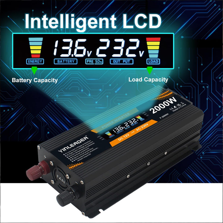 Yinleader Wechselrichter 900W 2000W 12V 230V Spannungswandler LCD mit 1 Steckdose 2 USB Anschlüsse