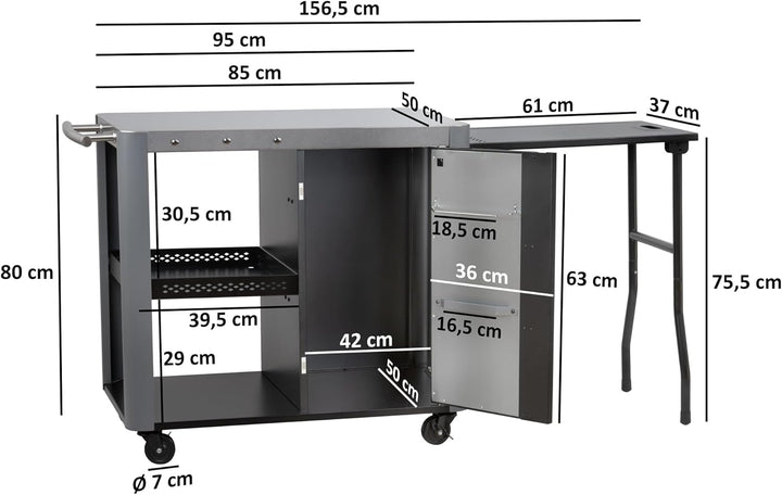 BBQ-Toro Grillwagen 95 x 50 x 80 cm | Silber | Grilltisch mit grosser Arbeitsfläche | Grill Beistell