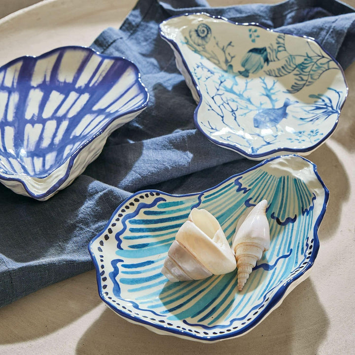 Loberon Schale 3er Set Allarmont, von Hand bemalt, maritimes Flair, Muschelstruktur auf der Untersei