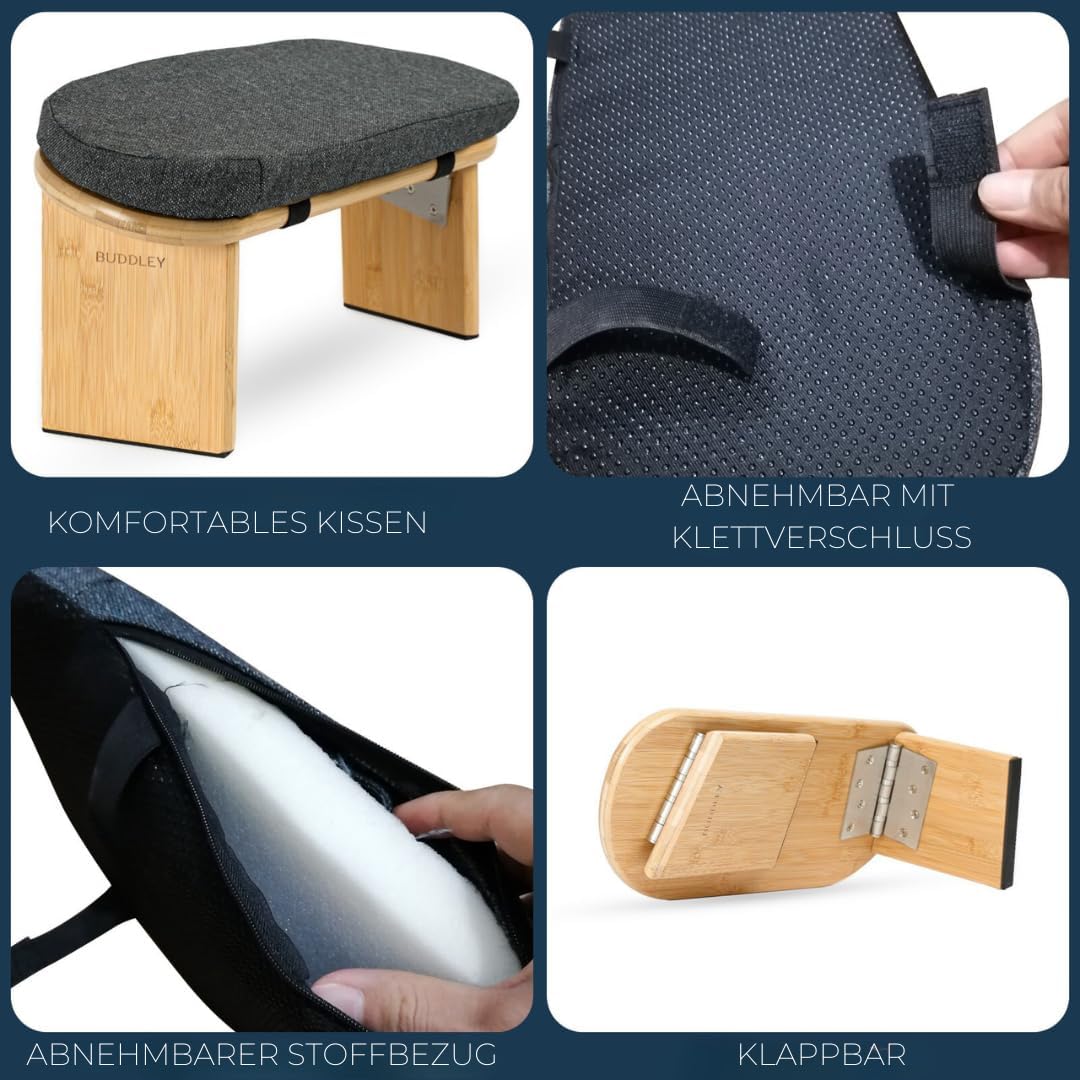 BUDDLEY Meditationsbank klappbar, Yogahocker mit Kissen, Meditationsbank, Meditationsstuhl faltbar,