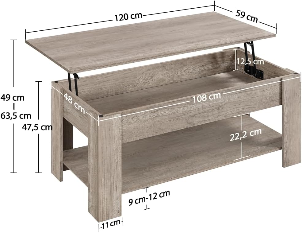 Yaheetech Couchtisch Höhenverstellbar Sofatisch mit Stauraum Ablagefächern Kaffeetisch Metallgestell