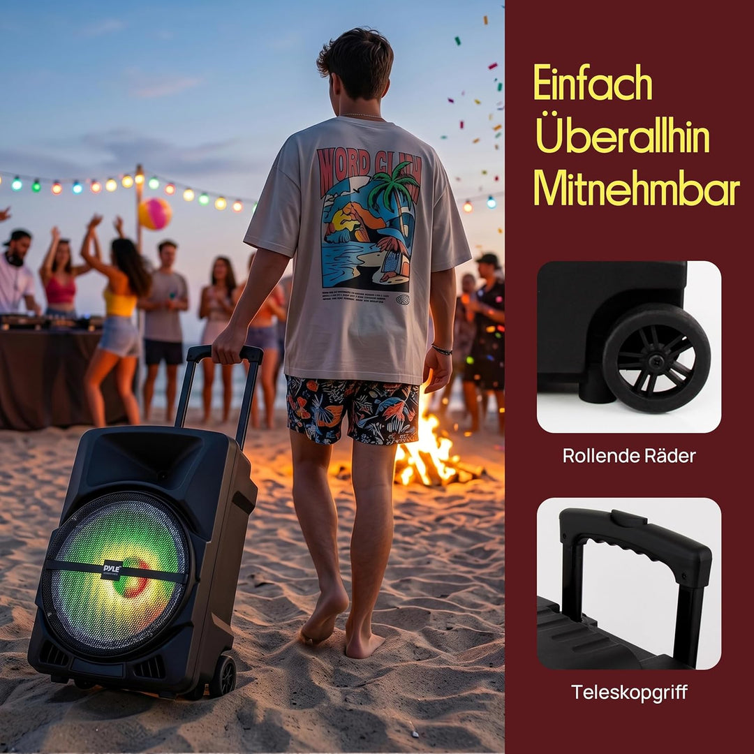 Pyle Musikbox Bluetooth Gross, 800W Party Lautsprecher mit DJ- Lichtern, Teleskopgriff & Rollen, FM,