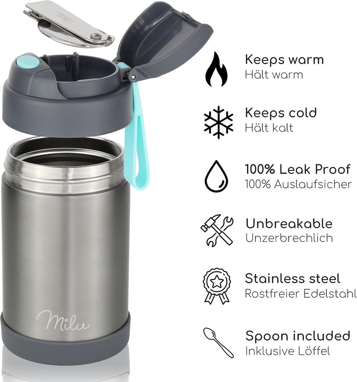Milu® Thermobehälter für Essen Kinder 300ml, Edelstahl Warmhaltebehälter mit Löffel, Thermobecher 10