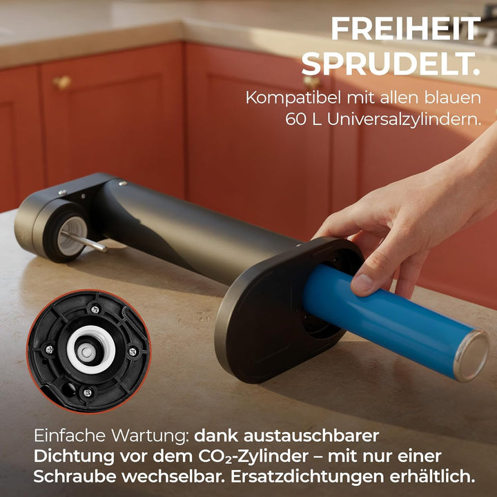 Infinity-S Wassersprudler aus hochwertigem Edelstahl (Black/Black) – inkl. 2x 1,25L Edelstahlflasche