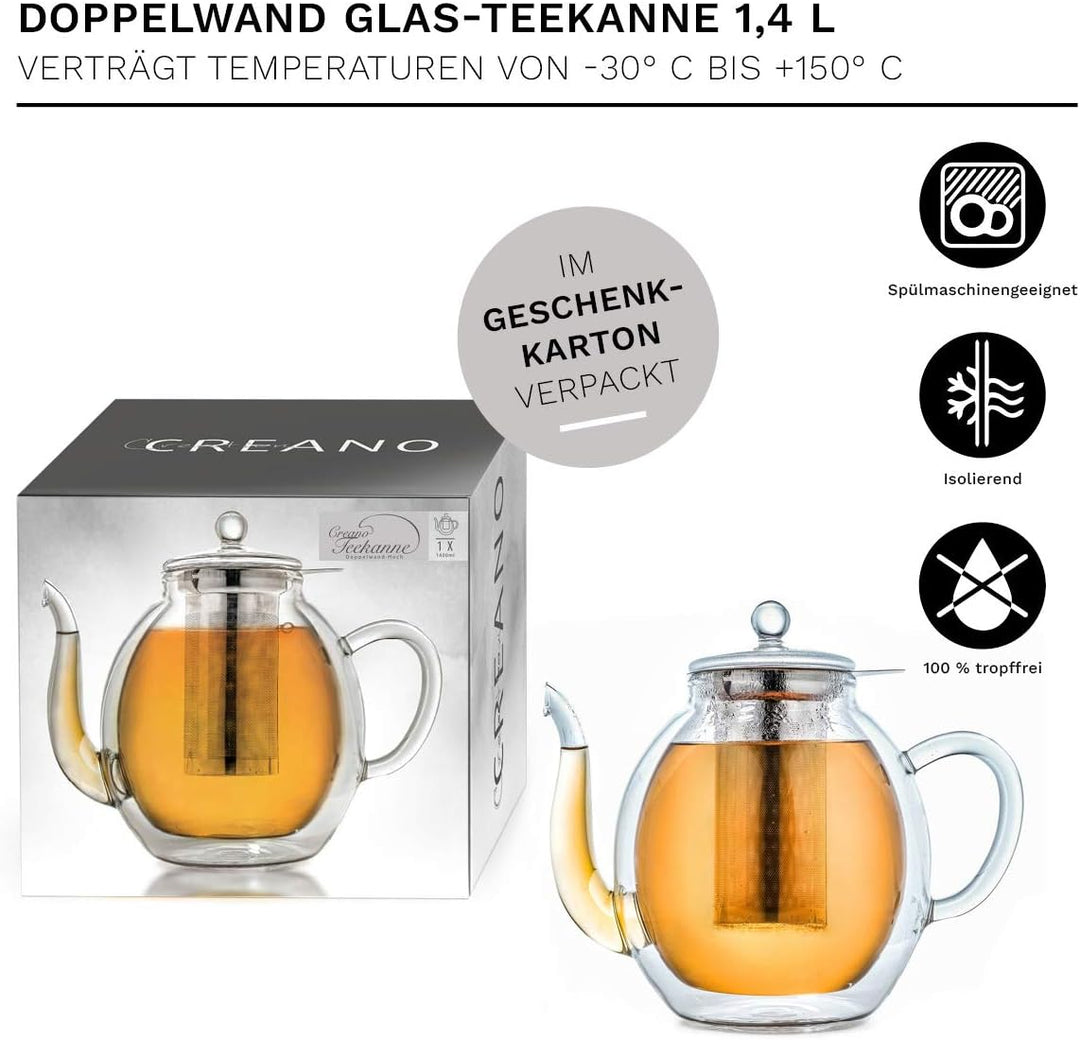 Creano doppelwandige Glas-Teekanne 1,4l mit Edelstahlfilter - tropffrei., 1,4 L