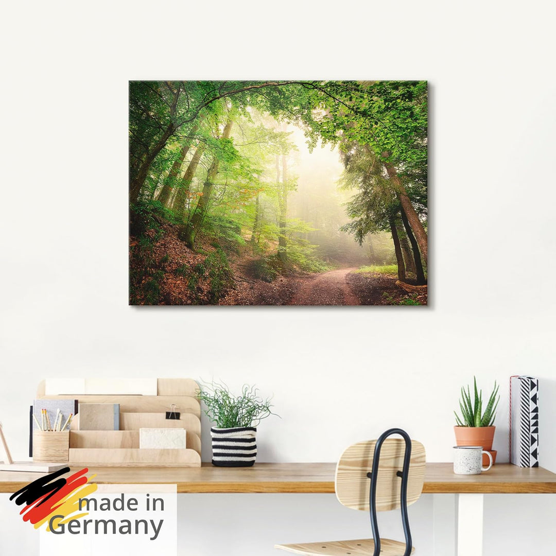 Glasbilder Wandbild Glas Bild einteilig 80x60 cm Querformat Wald Baum Natur Landschaft Nebel Sonne S