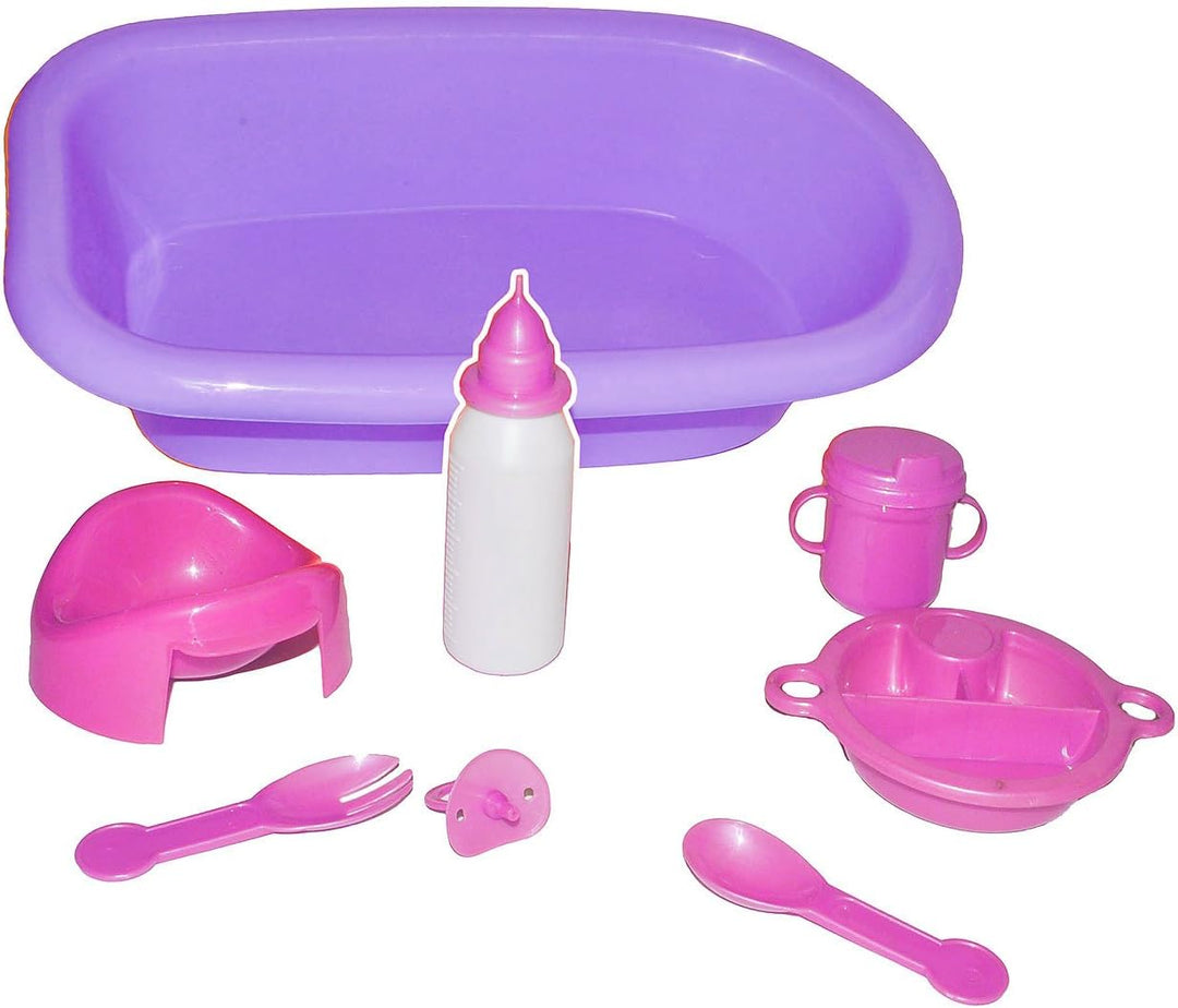 8 TLG. Set - Puppenbadewanne + Zubehör incl. Namen - bunt Kunststoff/Plastik - Babyflasche - Teller