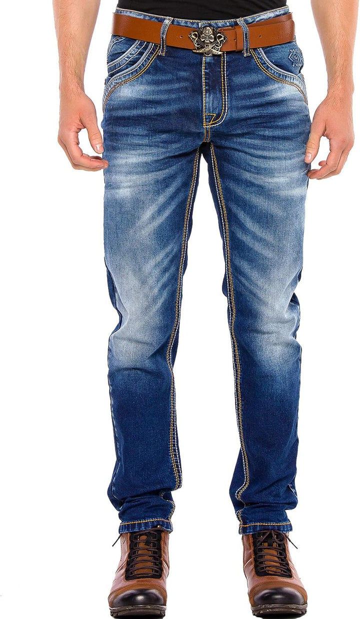 Cipo & Baxx Herren Jeans Hose Regular Slim Fit Denim Jeanshose Dicke Naht 29 Blau, 29 Blau