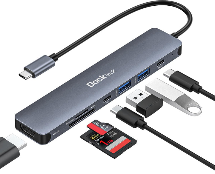 Dockteck 7-in-1-USB-C-Hub Adapter mit HDMI 4K, 2 USB-3.0-Ports, USB C auf SD/TF-Karte, PD-Ladegerät,
