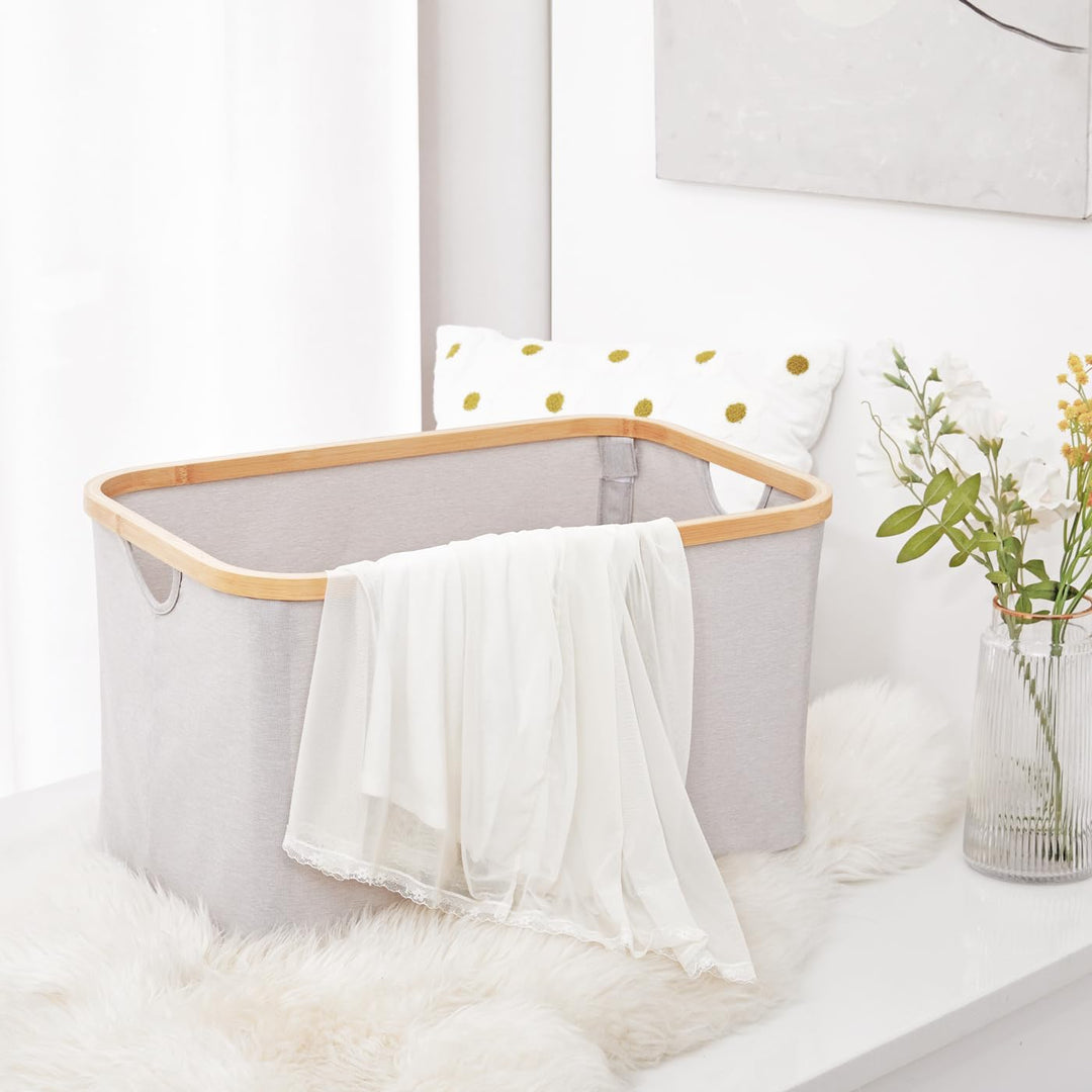 Faltbarer Wäschekorb 50L Beige Stoff Bambus Faltbar Wäschewanne Klappbar Korb Aufbewahrung Flach Wäs