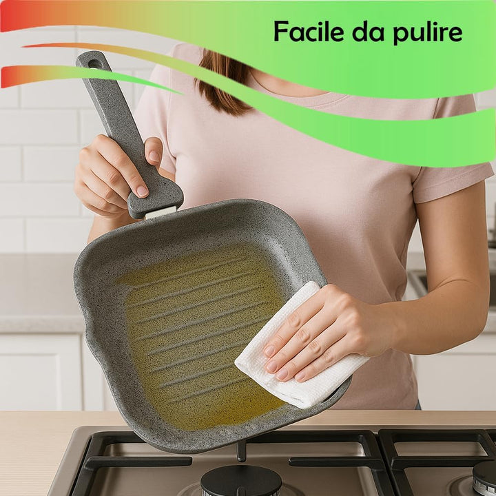BAKAJI Set Pfanne 32 cm und Grillpfanne 24 x 24 cm, Antihaftbeschichtung in Steinoptik, PFOA-frei, w