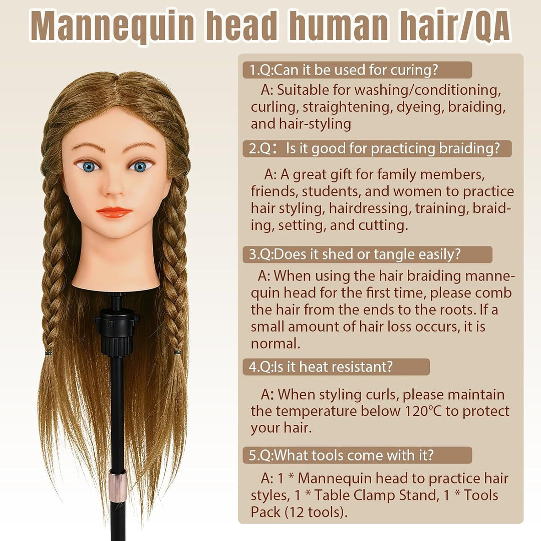 Friseur Übungskopf 100% Echthaar, 45 cm / 18 Zoll Mannequin Kopf mit Haaren, Friseurkopf Trainingsko