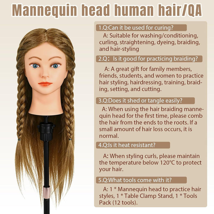 Friseur Übungskopf 100% Echthaar, 45 cm / 18 Zoll Mannequin Kopf mit Haaren, Friseurkopf Trainingsko