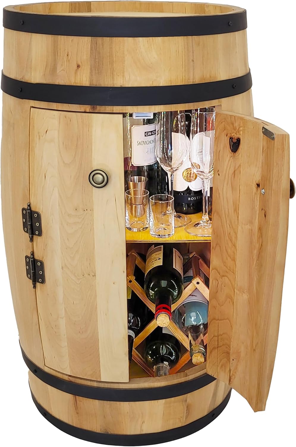 weeco Fassbar LED mit Tür und Weinhalter - Weinregal. Fass Hausbar Weinrack 80x50cm. Rustikaler deko
