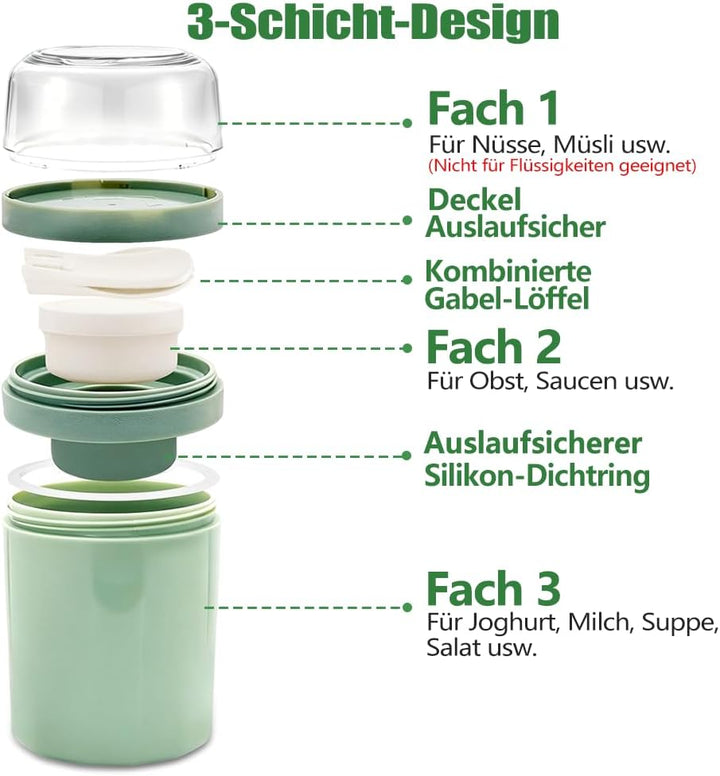 2 Stück Müslibecher to go mit Löffel - 3-Schicht-Design, Joghurtbecher to go Kinder 520ML+250ML mit