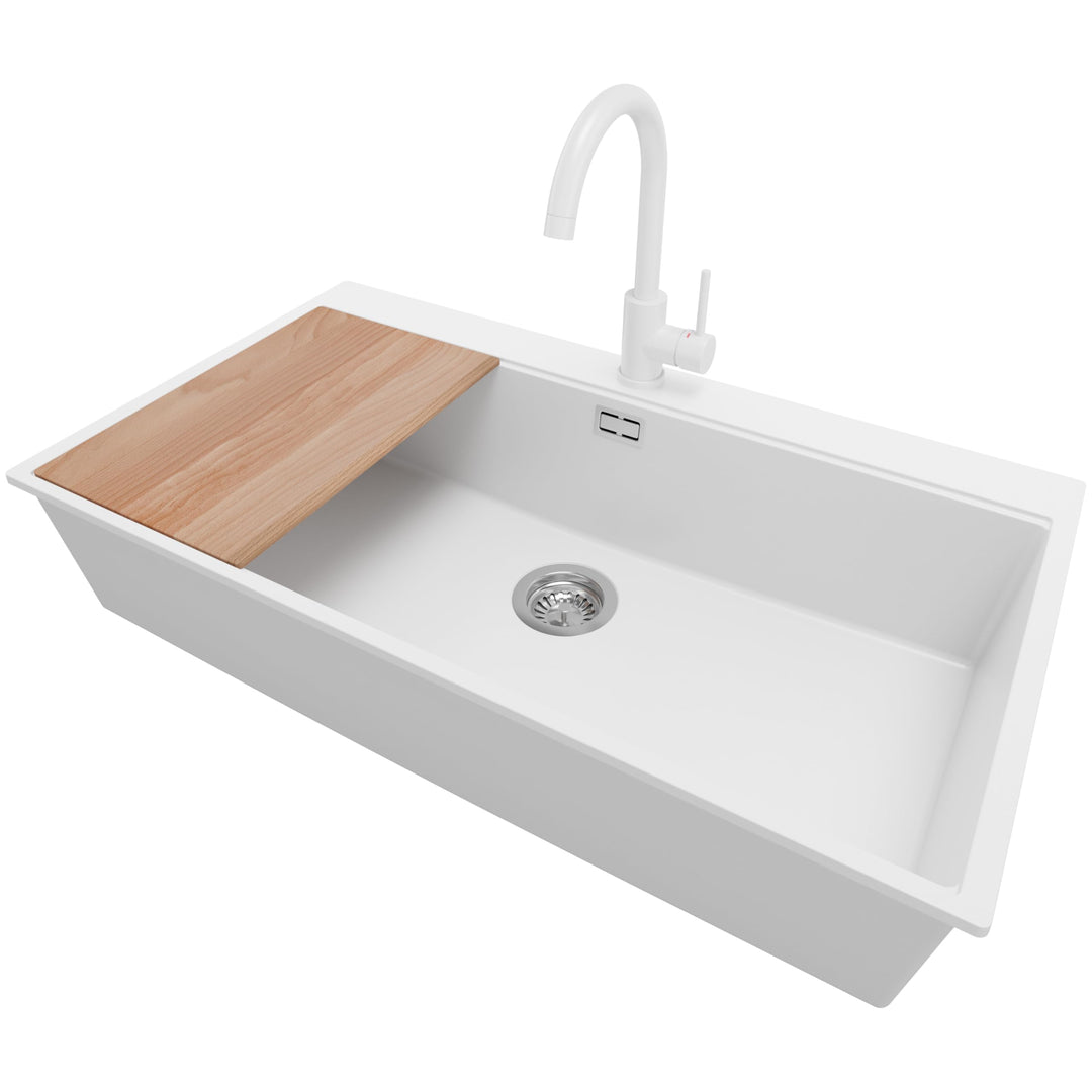 Spülbecken Weiss 90x50 cm, Granitspüle + Ablauf-Set + Küchenarmatur 5000, Küchenspüle für 90er Unter