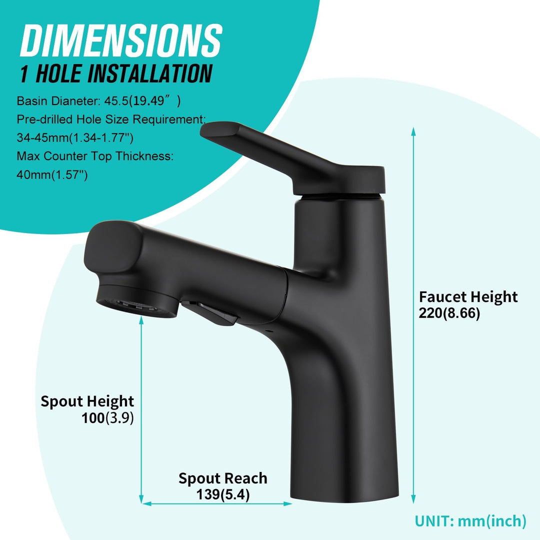 CREA Modern Waschtischarmatur Badezimmer mit 2 Wasserstrahlarten Brause ausziehbar, Einhebelmischer