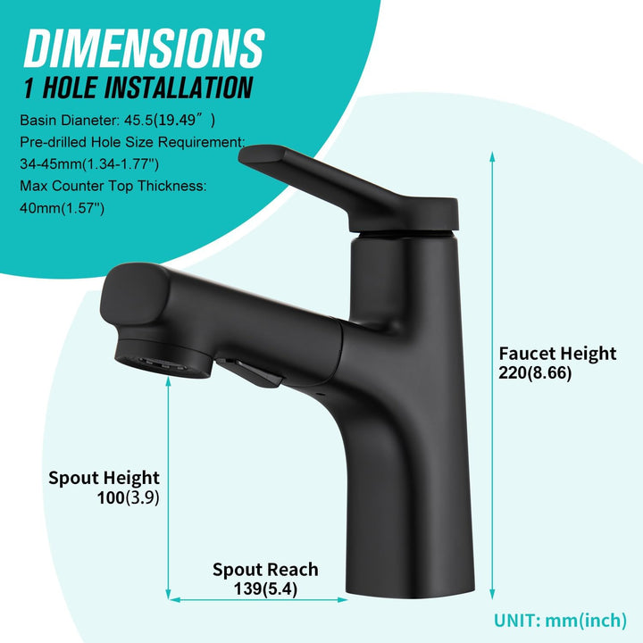 CREA Modern Waschtischarmatur Badezimmer mit 2 Wasserstrahlarten Brause ausziehbar, Einhebelmischer