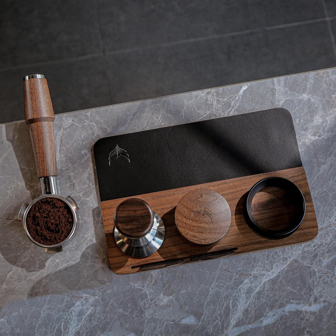 58mm Tampermatte Walnuss und Leder – Espresso Tamping Matte für Siebträgermaschine Barista Organizer