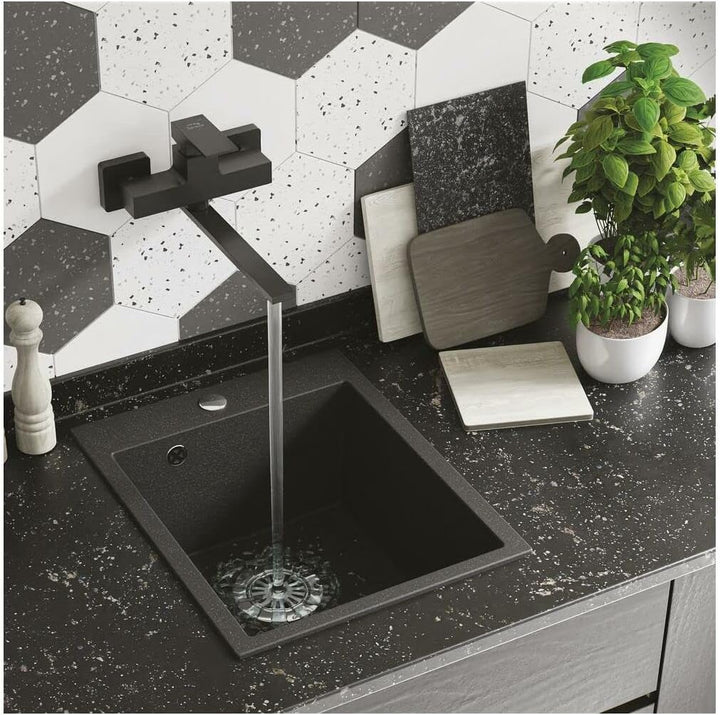 VBChome Spülbecken 48 x 39 cm Einzelbecken Schwarz Granit Rechteckig Einbauspüle Gesprenkelt Grosses