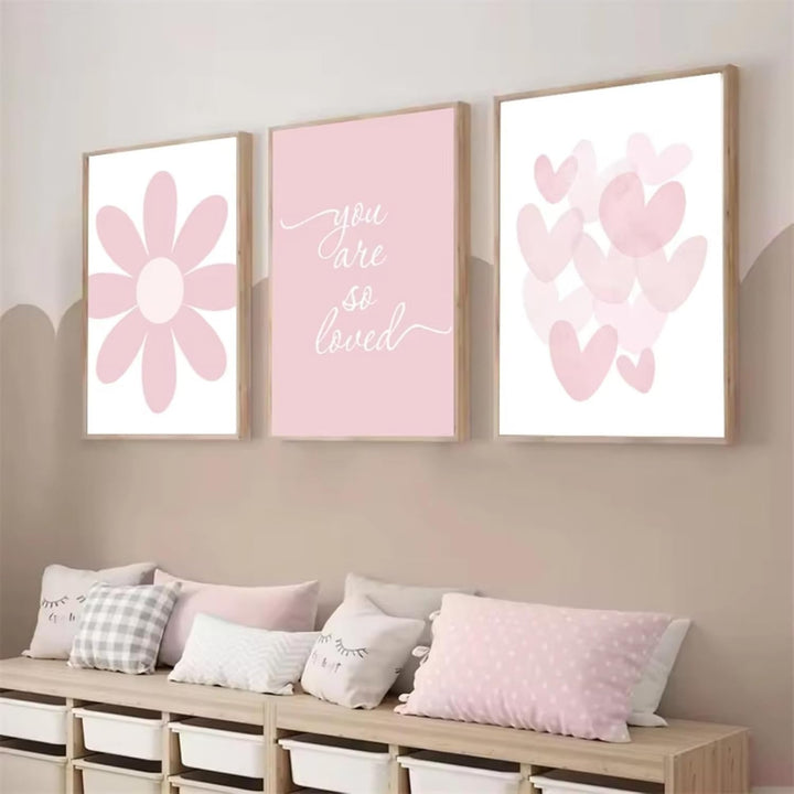3er Rosa Poster Set, Modernes Aesthetic, Rosa Cartoon Liebe Herz Blume Wandbild, Geeignet für Wohn-