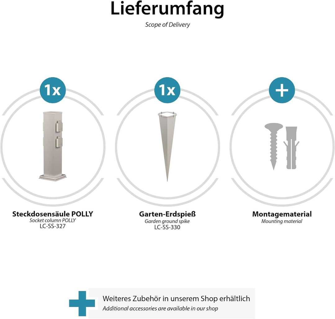 ledscom.de 2X Garten-Steckdosen-Säule Polly mit Erdspiess für aussen, 4-Fach, Edelstahl, eckig, 38cm