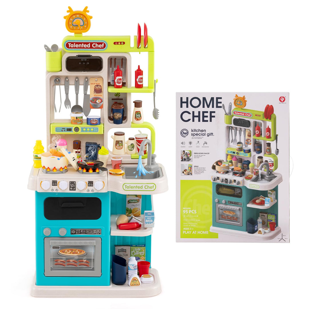 COSTWAY Kinderküche mit 95 Zubehör, Spielküche mit Licht, Sound & Dampf, Kinder Küche mit Kochherd,