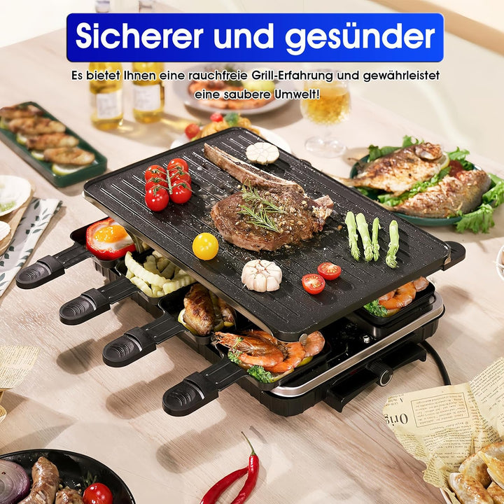2-in-1 Raclette Grill, Raclette 8 Personen, 1300W Elektrogrill mit 1 Umkehrbarer Antihaft Grillplatt