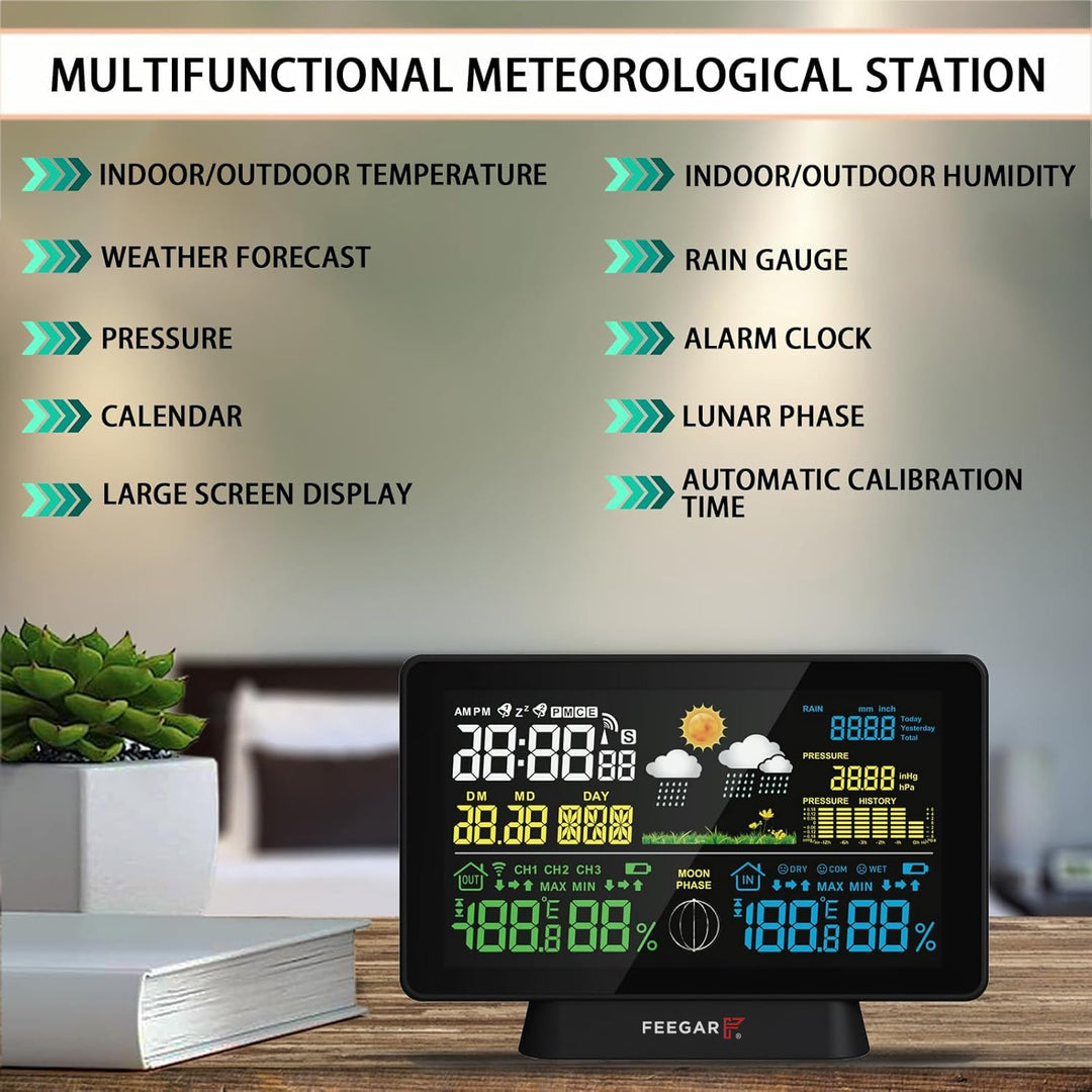 Wireless Weather Station with Digital Rain Gauge, Feegar Forecaster LCD 7,5" Indoor Outdoor Temperat
