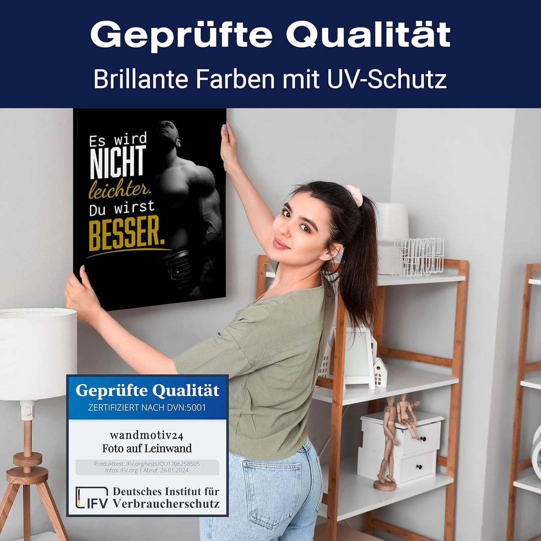 wandmotiv24 Motivations Motiv als Leinwandbild, 80x60cm, Hochformat, Motivation, Besser, Muskeln, Fi