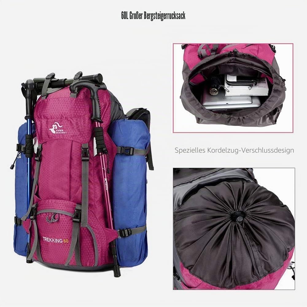 Bseash 60L Wasserdichter leichter Wanderrucksack mit Regenschutz, Outdoor Sport Tagesrucksack Multif