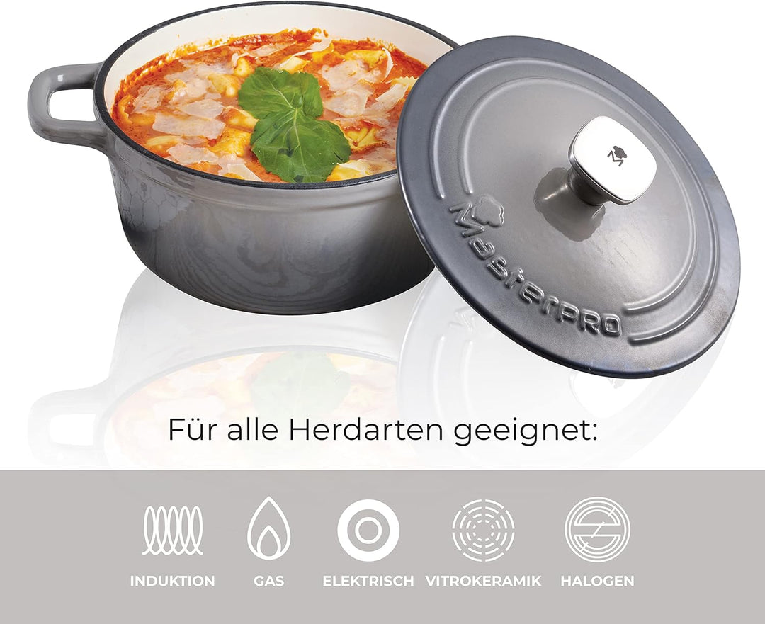 MasterPro Unique | Topf 27cm mit Deckel | Weiss | Aus Gusseisen | Ergonomische Griffe | Kochtopf | G