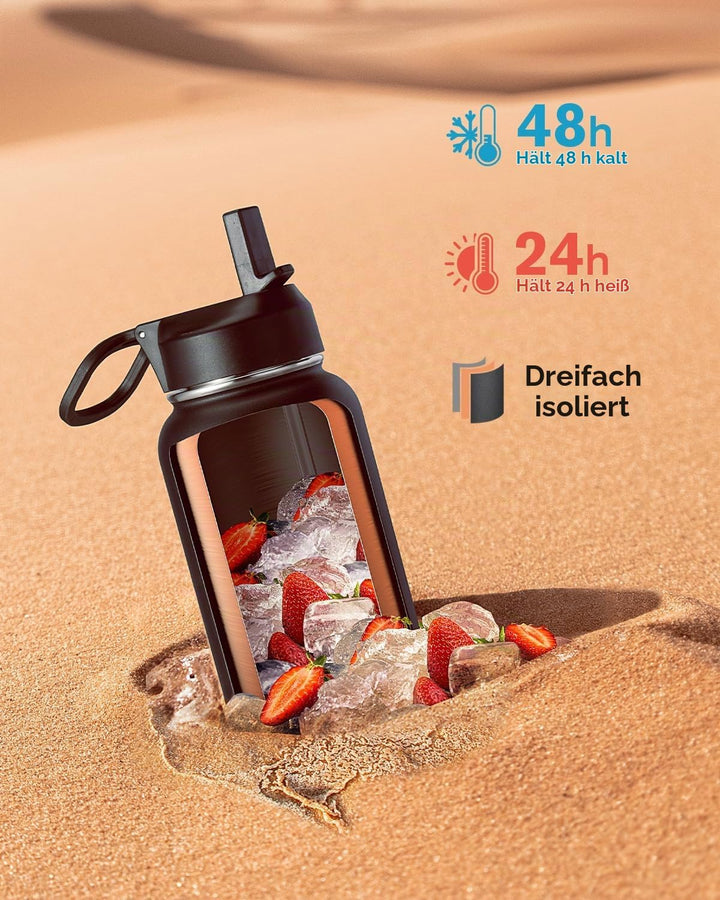 Coolflask Isolierte Edelstahl-Trinkflasche 946 ml mit Strohhalm, 3 Deckel Magic Black 946 ml, Magic