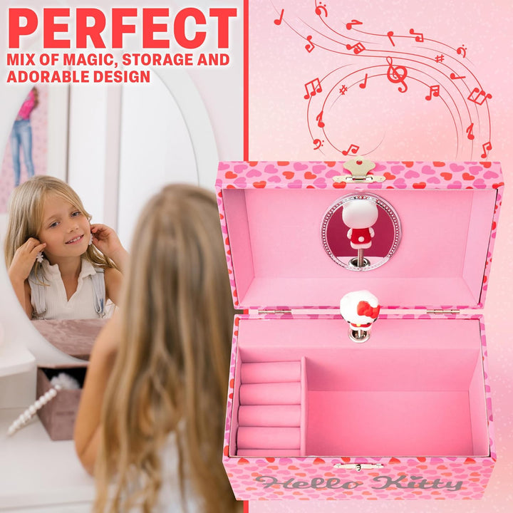 Hello Kitty Schmuckkästchen Mädchen mit Spieluhr Spiegel Schmuckschatulle Kinder für Ringe Ohrringe