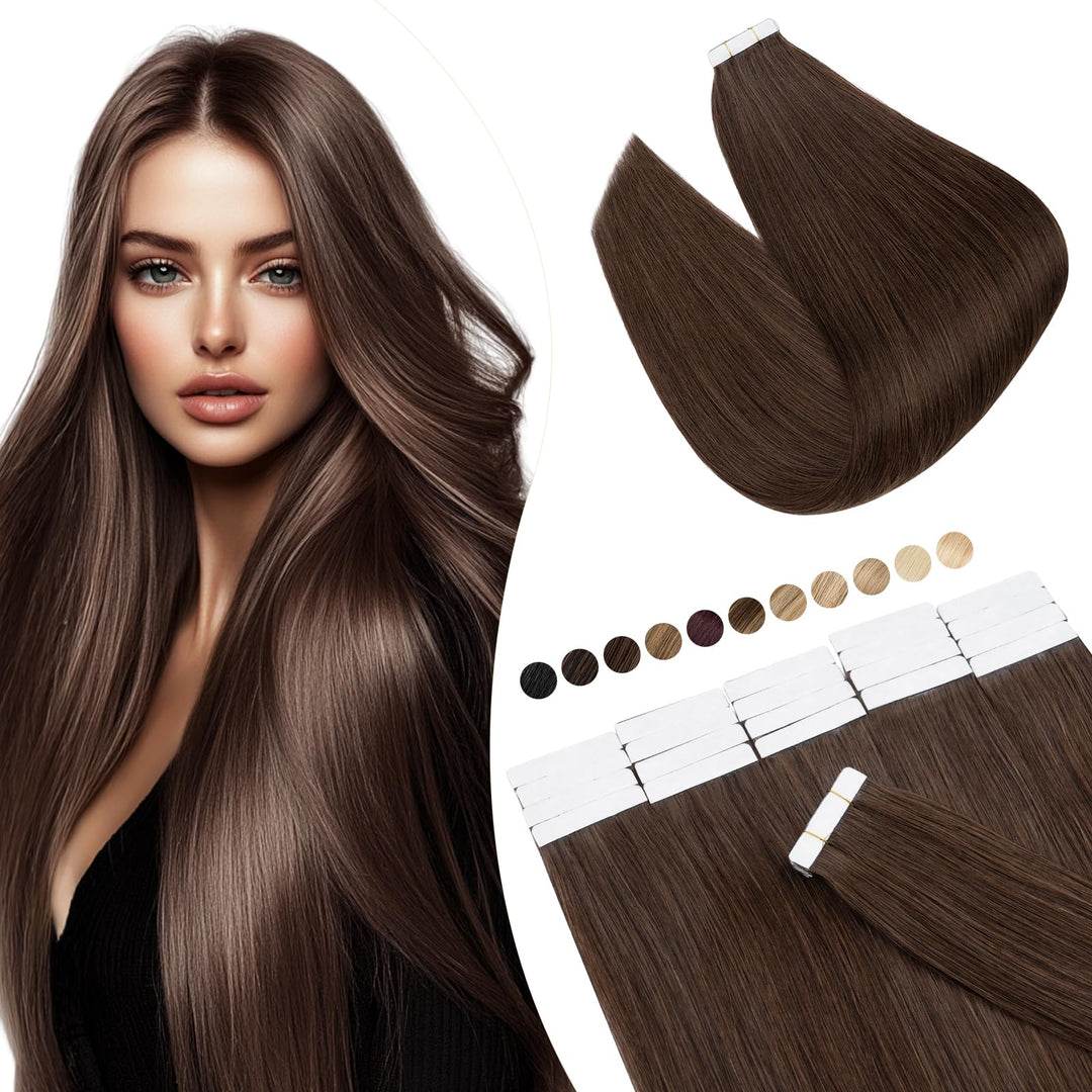 Elailite Echthaar Extensions Tape Braun, 20 stück Mini Tape Invisible Kleber, 50cm Haarverlängerung
