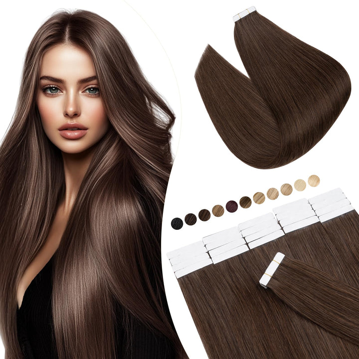 Elailite Extensions Echthaar Tape #04 Schokobraun, 20 Stück/Packung Real Human Hair, 35cm Indian Haa