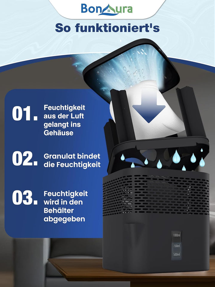 BonAura® AirOne Lite Luftentfeuchter ohne Strom mit 360° Belüftung I Raumentfeuchter mit Ausgiesser