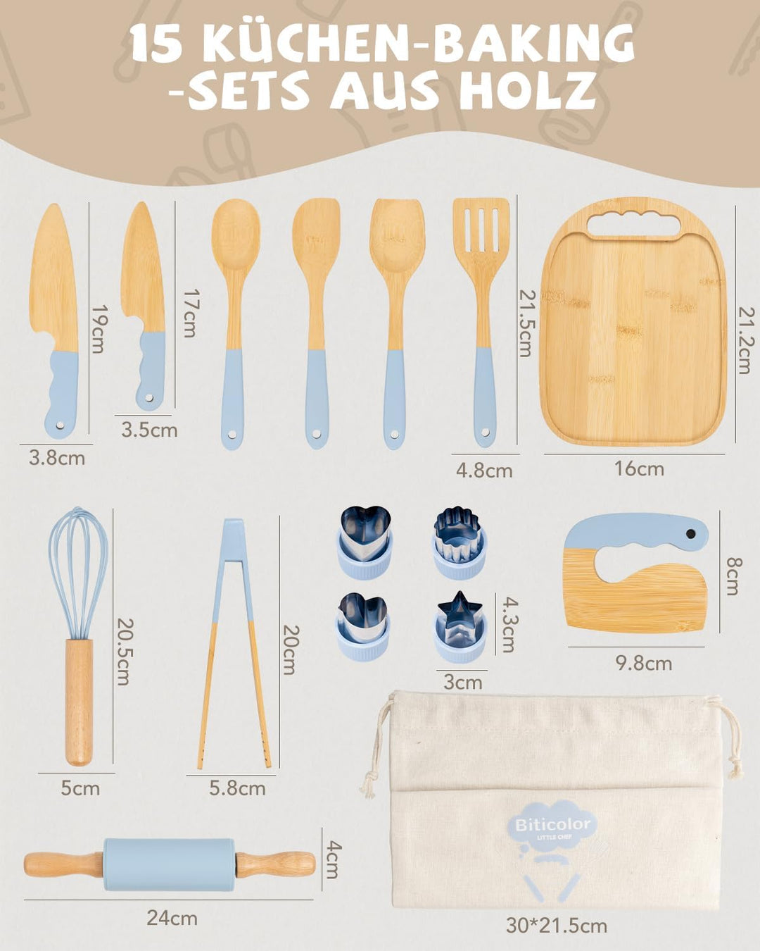 Kindermesser Set – 15-teilig mit sicherem Kiddikutter, Holzmesser Schneidebrett – Montessori Küchens