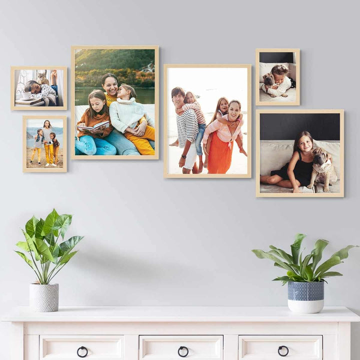 PHOTOLINI Bilderrahmen Set verschiedene Grössen, 6 Bilderrahmen Holz MDF Natur, Bilder Rahmen mit Ac