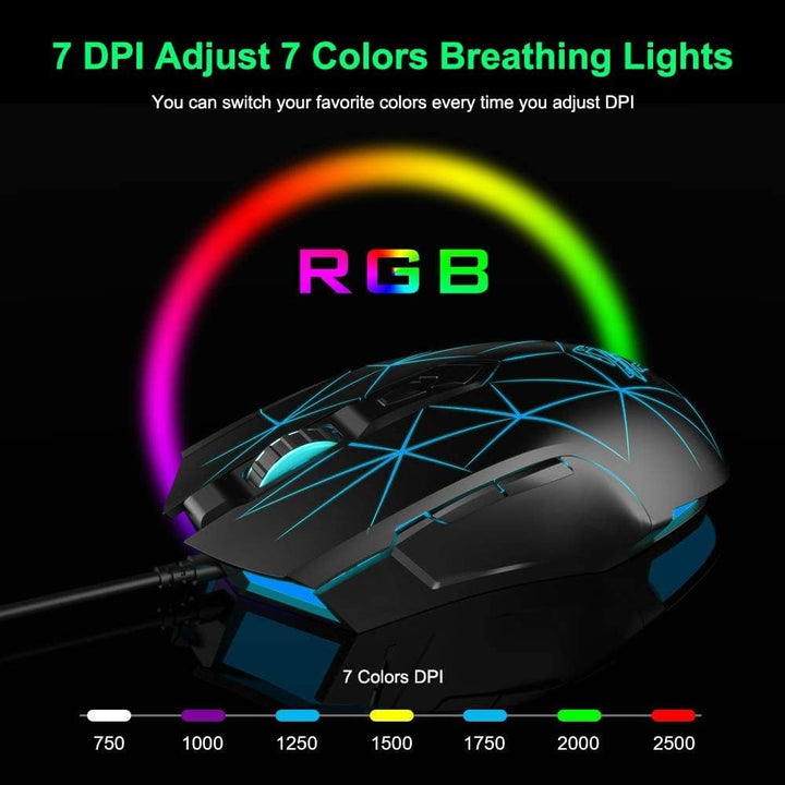LexonElec Kabelgebundene RGB Gaming Maus, 7 Tasten mit 2500 DPI, ergonomische LED-beleuchtete USB-Ga